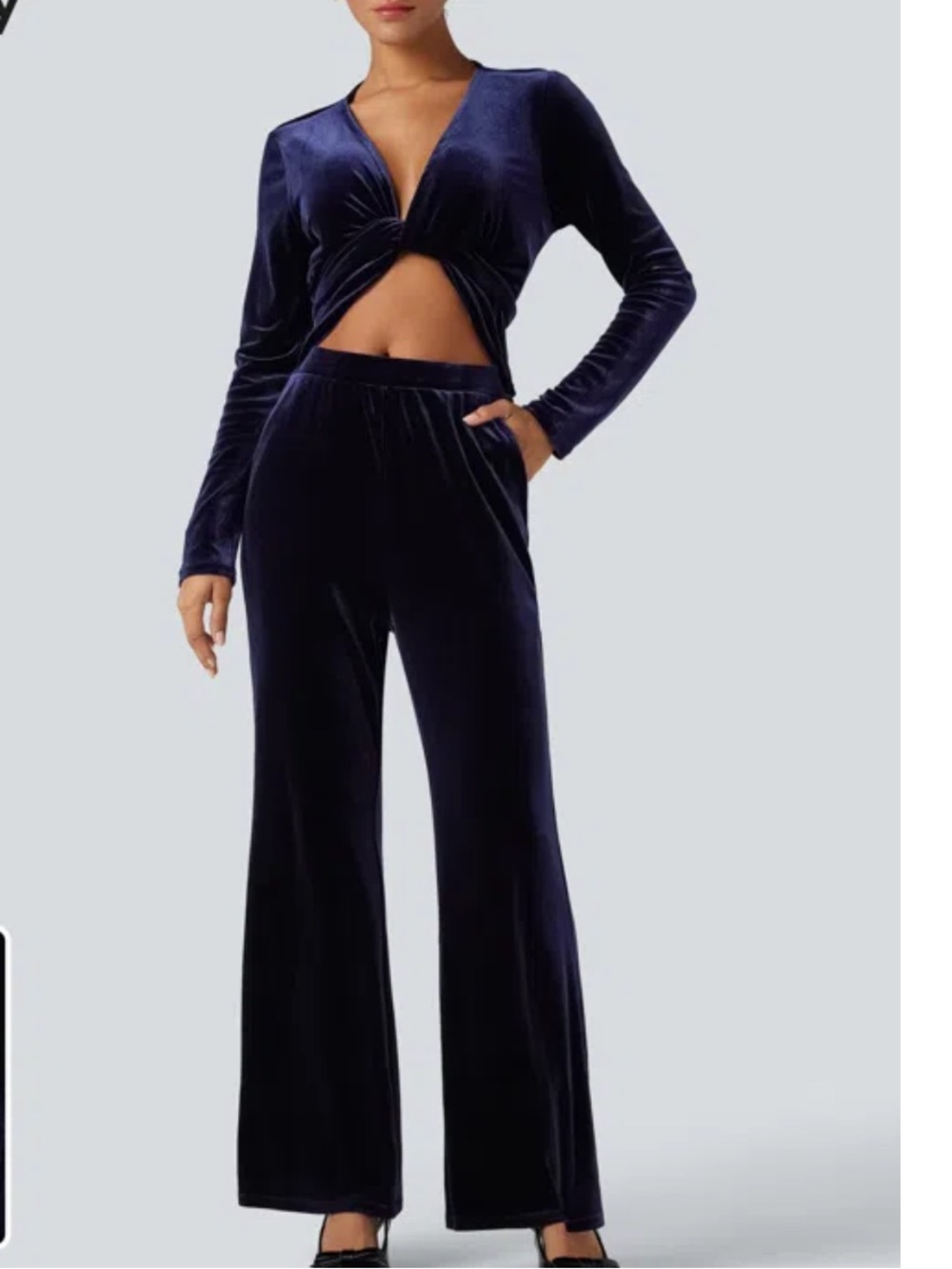 HalaraDeep V-neck Long Sleeve Twisted Tie Back Velvet Party Jumpsuit with Pocket
